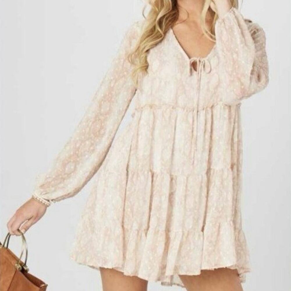 Altard State Light Snake Print Tiered Peasant Mini Dress Pink Long Sleeve Boho S